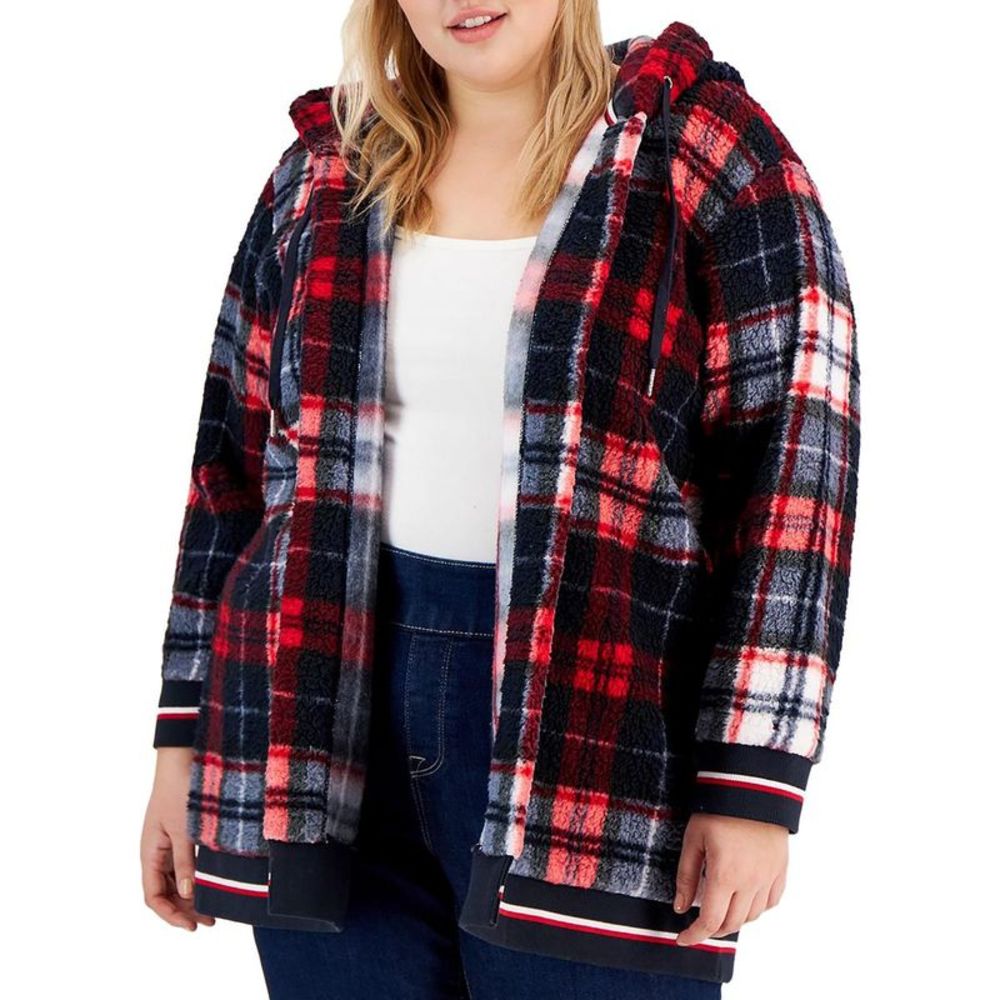 Tommy Hilfiger Womens Navy Faux Fur Hooded Open Front Jacket Plus NWT
